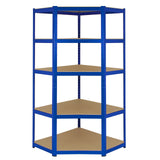 Blue corner shelving unit with four spacious beige storage bays, designed for efficient garage organization and space-saving