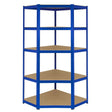 Blue corner storage shelf unit with five sturdy beige shelves, designed for efficient space utilization and organization
