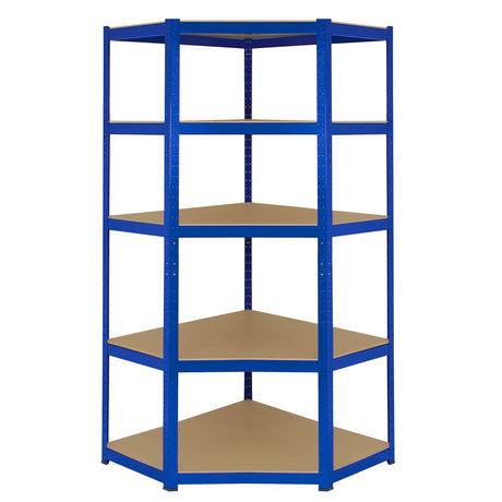 Blue corner storage shelf unit with five sturdy beige shelves, designed for efficient space utilization and organization