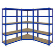 Blue metal corner shelving unit with two 90cm garage storage bays, featuring multiple sturdy shelves for organized storage