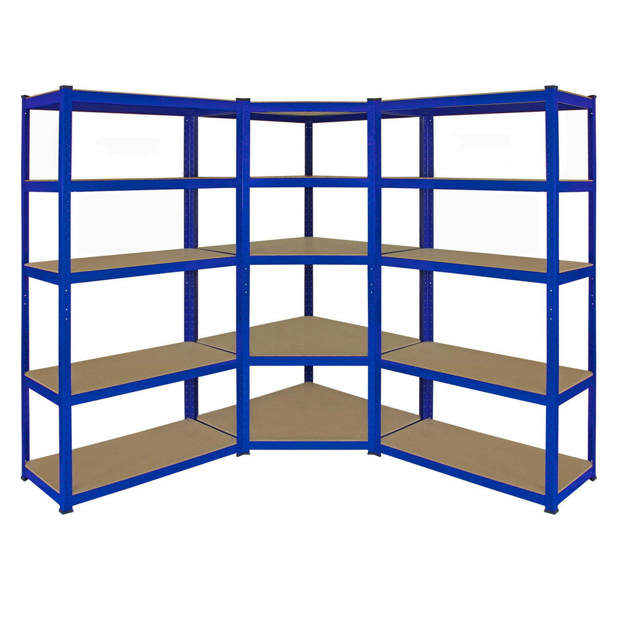 Blue metal corner shelving unit with two 90cm garage storage bays, featuring multiple sturdy shelves for organized storage