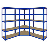 Blue metal corner shelving unit with two 90cm garage storage bays, featuring multiple sturdy shelves for organized storage