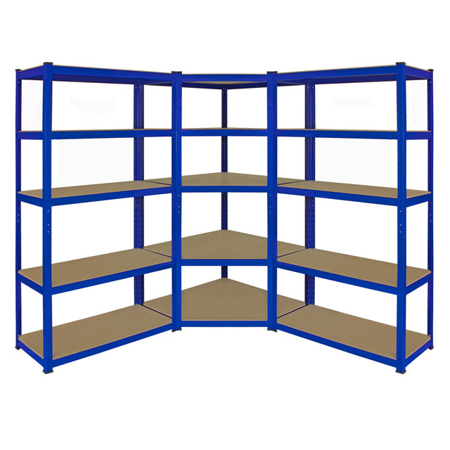 Blue metal corner shelving unit with two 90cm garage storage bays, featuring multiple sturdy shelves for organized storage