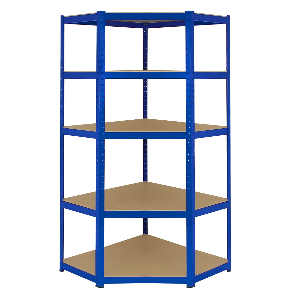 Blue metal corner shelving unit with five beige shelves, designed for garage storage, featuring a sturdy, industrial look