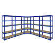 Blue metal corner shelving unit with four 90cm garage storage bays, featuring sturdy shelves and a sleek, industrial design