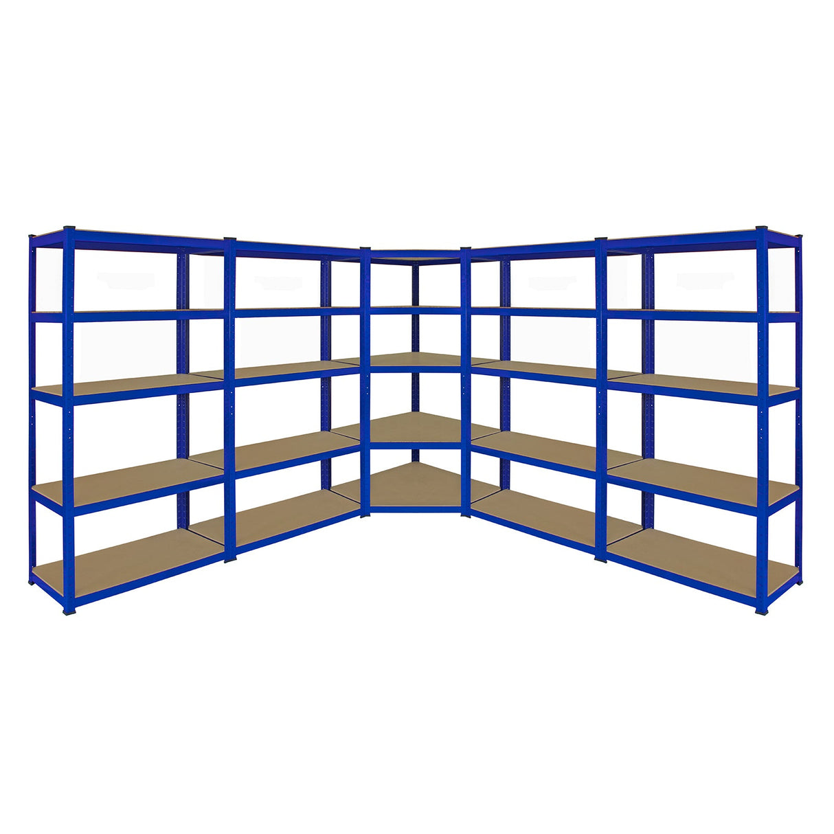 Blue metal corner shelving unit with four 90cm garage storage bays, featuring sturdy shelves and a sleek, industrial design