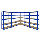Blue metal corner shelving unit with four 90cm garage storage bays, featuring sturdy shelves and a sleek, industrial design