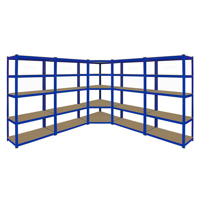 Blue metal corner shelving unit with four 90cm garage storage bays, featuring sturdy shelves and a sleek, industrial design