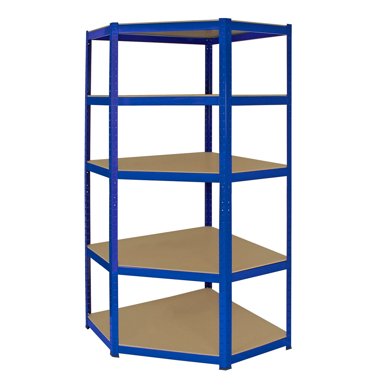 Blue metal corner shelving unit with four sturdy beige shelves, ideal for garage storage and organization