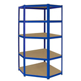 Blue Monster Racking T-Rax corner storage shelf unit with four sturdy beige shelves, designed for efficient space utilization