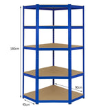 Blue Monster Racking T-Rax corner storage shelf unit with five sturdy shelves, measuring 90cm wide and 180cm tall, ideal for organizing items