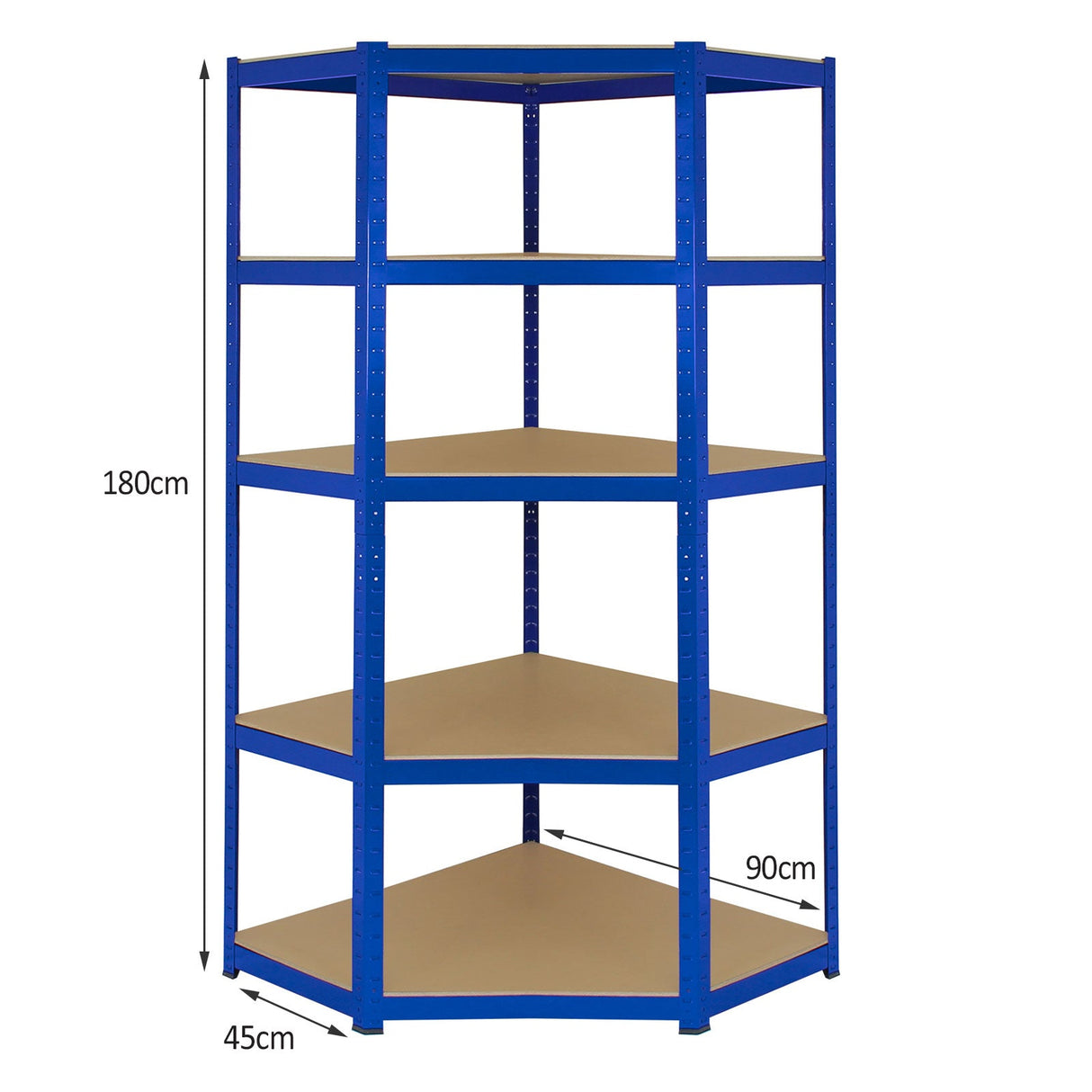 Blue metal corner shelving unit with four sturdy beige shelves, measuring 180cm tall and 90cm wide, ideal for garage storage