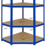 Blue Monster Racking T-Rax corner storage shelf unit with three sturdy brown shelves, measuring 90cm wide and 126cm deep