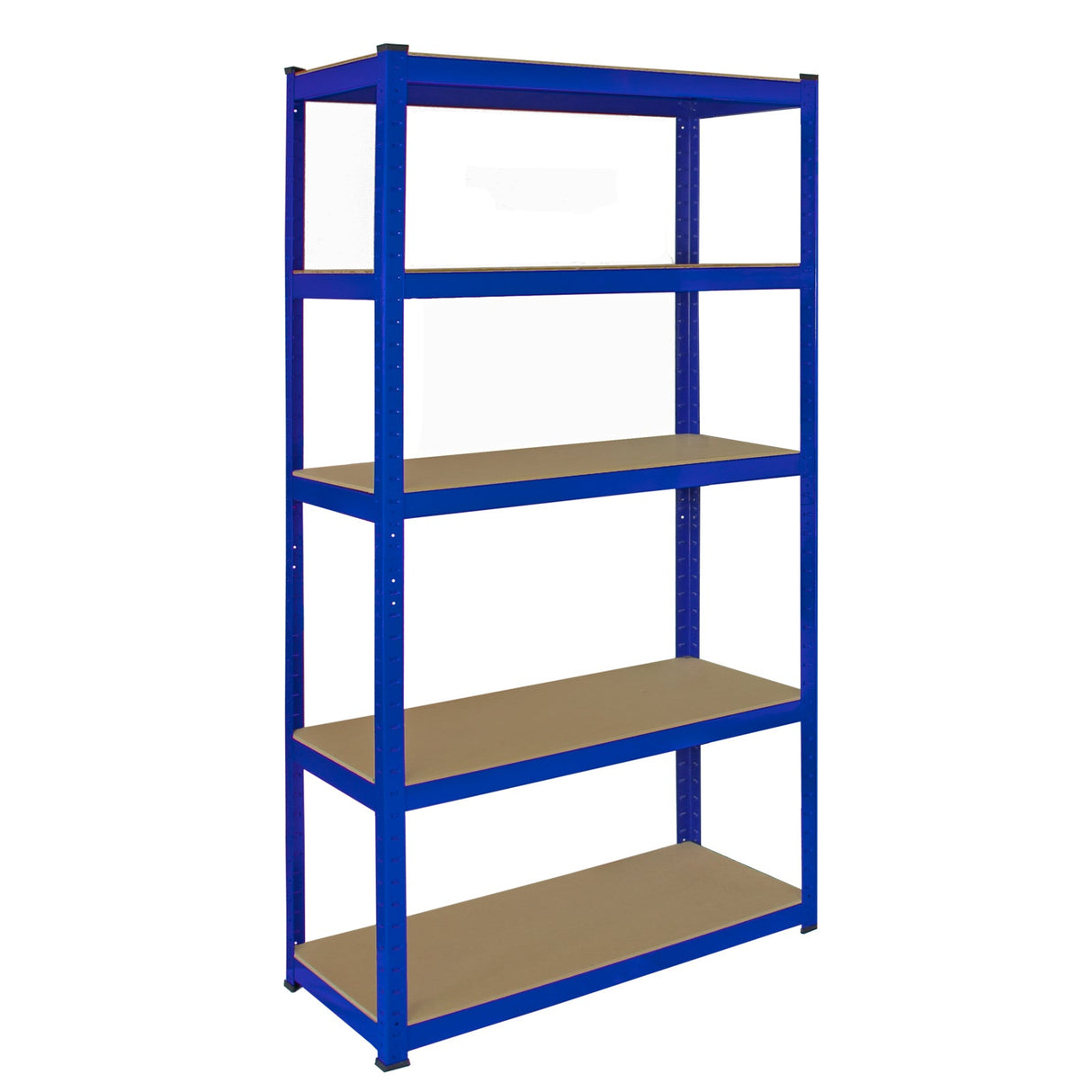 Blue metal corner shelving unit with four sturdy shelves, designed for garage storage, featuring a sleek, industrial look