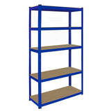 Blue metal corner shelving unit with four sturdy shelves, designed for garage storage, featuring a sleek, industrial look