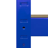 Blue metal frame of the Monster Racking T-Rax corner shelving unit, showcasing sturdy construction and adjustable shelving slots