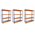 Three sturdy S-Rax racking units, each 150cm x 50cm, featuring orange shelves and blue metal frames, ideal for storage solutions