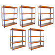 Five sturdy S-Rax racking units, each 150cm x 50cm, featuring blue metal frames and orange shelves, ideal for storage solutions