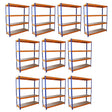 Ten sturdy S-Rax racking units, each 150cm x 50cm, featuring blue metal frames and wooden shelves, ideal for storage solutions