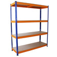 Blue and orange Monster Racking S-Rax warehouse shelving unit with four sturdy shelves, measuring 150cm wide and 50cm deep