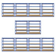 Extra wide blue storage shelves with a sturdy metal frame and wooden shelves, arranged in a grid for optimal organization