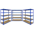 Extra wide blue storage shelves with sturdy metal frames and five spacious wooden shelves, ideal for organizing various items