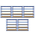 Extra wide blue storage shelves with five levels, featuring sturdy metal frames and smooth wooden surfaces, ideal for organizing items