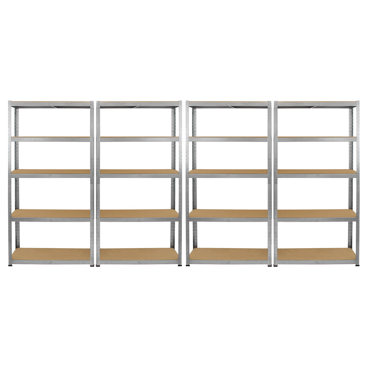 Galwix 90cm racking bundle featuring four sturdy garage shelving bays with metal frames and wooden shelves, ideal for storage