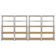 Galvanised steel shelving unit with four 90cm wide shelves, featuring a sturdy frame and smooth wooden surfaces for storage