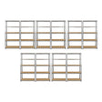Galvanised steel shelving unit with five 90cm wide shelves, featuring a sturdy frame and smooth wooden surfaces for storage versatility