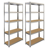 Sturdy metal garage racking bays with five wooden shelves each, featuring a sleek silver finish and ample storage space