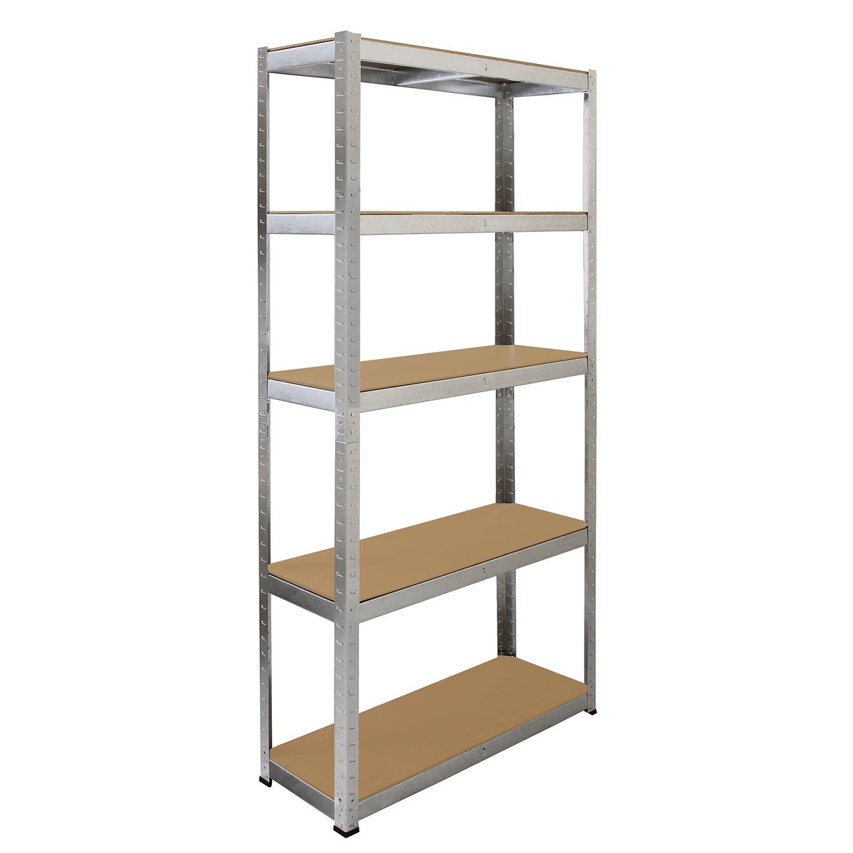 Sturdy metal garage shelving unit with four spacious shelves, featuring a sleek silver finish and durable wooden surfaces