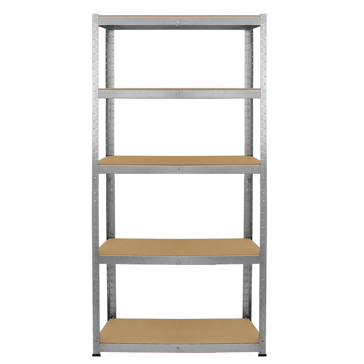 Sturdy metal garage racking with five adjustable shelves, featuring a sleek silver finish and durable wooden surfaces for storage
