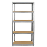 Sturdy metal garage racking with five adjustable shelves, featuring a sleek silver finish and durable wooden surfaces for storage
