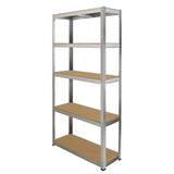 Galwix 90cm racking bundle featuring sturdy metal frame with four spacious shelves, ideal for garage or corner storage solutions