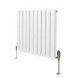 Sleek white oval column radiator with vertical fins, standing on silver valves, ideal for modern heating solutions in any space