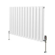 Sleek white oval column radiator with vertical fins, featuring chrome valves and a modern design, perfect for heating spaces