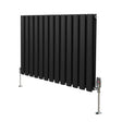 Sleek black oval column radiator with vertical fins, standing on polished chrome feet, featuring modern valves for efficient heating