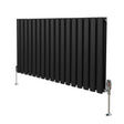 Sleek black oval column radiator with vertical fins, measuring 600mm x 1020mm, featuring polished valves and a modern design