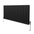 Sleek black oval column radiator with vertical fins, measuring 600mm x 1200mm, featuring polished valves and sturdy feet