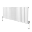 Sleek white oval column radiator with vertical fins, measuring 600mm x 1440mm, featuring chrome valves and a smooth finish