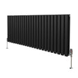 Sleek black oval column radiator with vertical fins, standing on sturdy silver valves, measuring 600mm x 1440mm, ideal for modern spaces