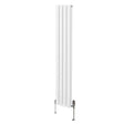 Sleek white oval column radiator with vertical panels, measuring 1600mm x 240mm, featuring stylish valves at the base