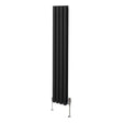 Sleek black oval column radiator with a vertical design, featuring smooth, textured panels and chrome valves for modern heating solutions
