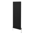 Sleek black oval column radiator with vertical fins, measuring 1800mm x 600mm, featuring stylish valves and a modern design