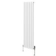 Sleek white oval column radiator with vertical fins and chrome valves, measuring 1600mm x 360mm, ideal for modern interiors