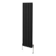 Sleek black oval column radiator with vertical fins, measuring 1600mm x 360mm, complemented by stylish valves at the base