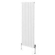 Sleek white oval column radiator with vertical fins, measuring 1600mm x 480mm, complemented by stylish valves at the base