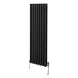 Sleek black oval column radiator measuring 1600mm x 480mm, featuring vertical fins and stylish valves for modern heating solutions