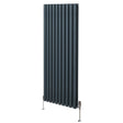 Sleek anthracite grey oval column radiator with vertical fins, featuring polished valves and sturdy metal feet for stability